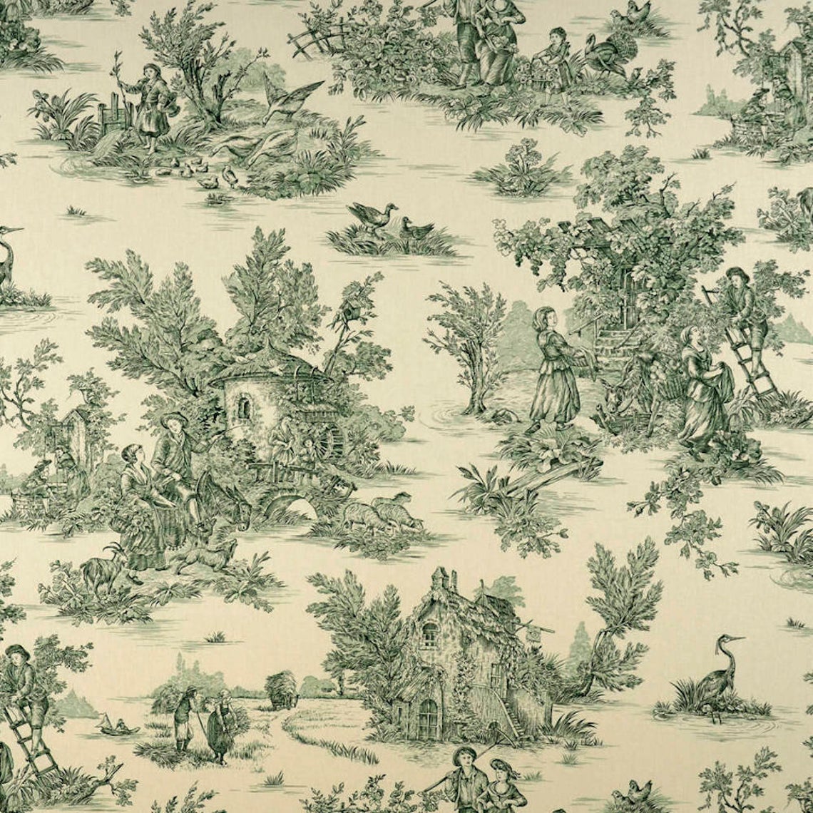 Back Tab Curtain Panels Pair in Pastorale #3 Green on Cream French Country Toile
