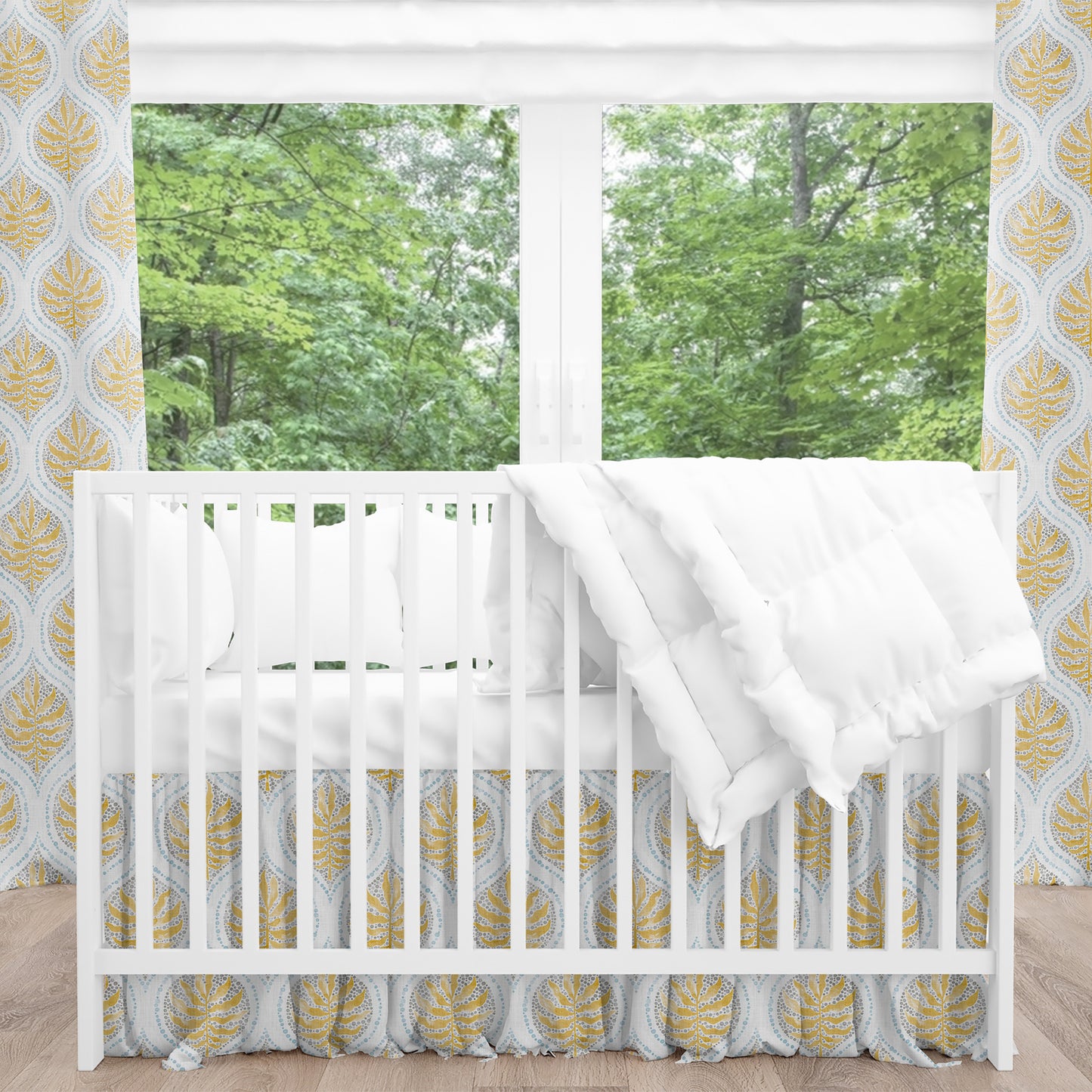 Gathered Crib Skirt in Airlie Amber Ogee Floral Watercolor- Gold, Gray, Blue