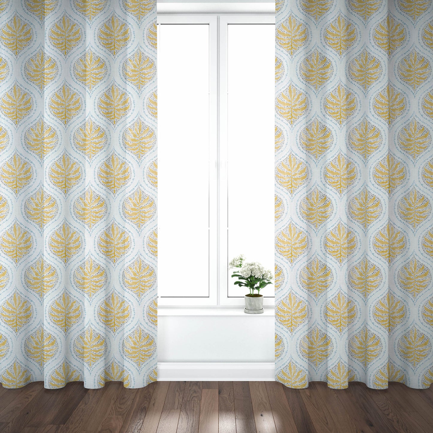 Pinch Pleated Curtain Panels Pair in Airlie Amber Ogee Floral Watercolor- Gold, Gray, Blue