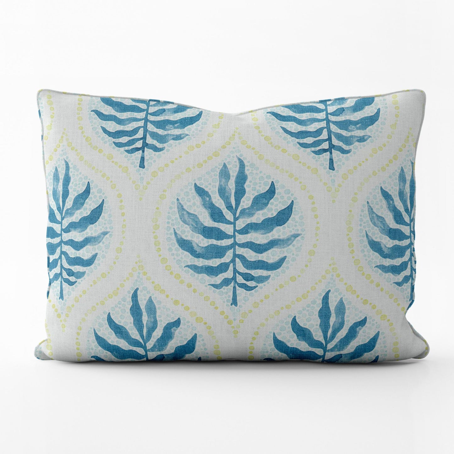 Decorative Pillows in Airlie Bluestone Blue and Lime Green Ogee Floral Watercolor