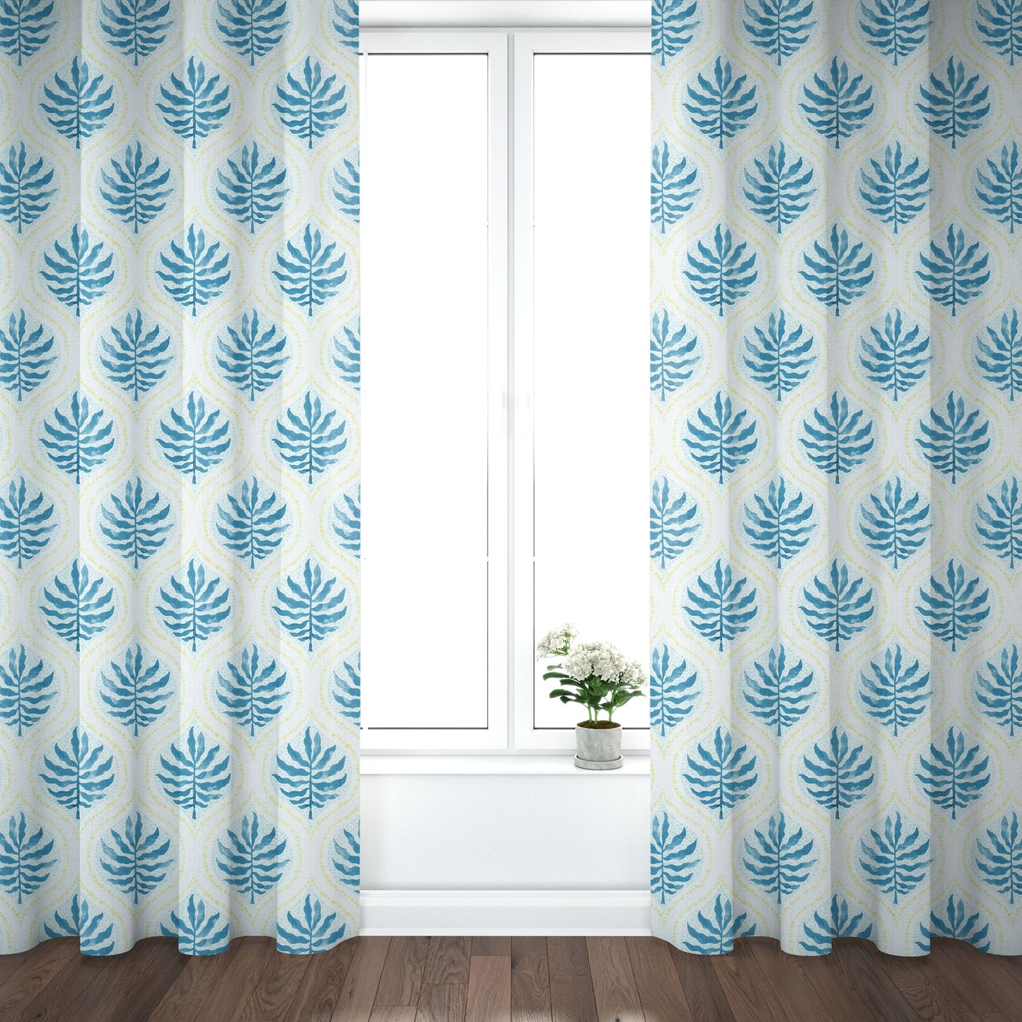 Pinch Pleated Curtain Panels Pair in Airlie Bluestone Blue and Lime Green Ogee Floral Watercolor