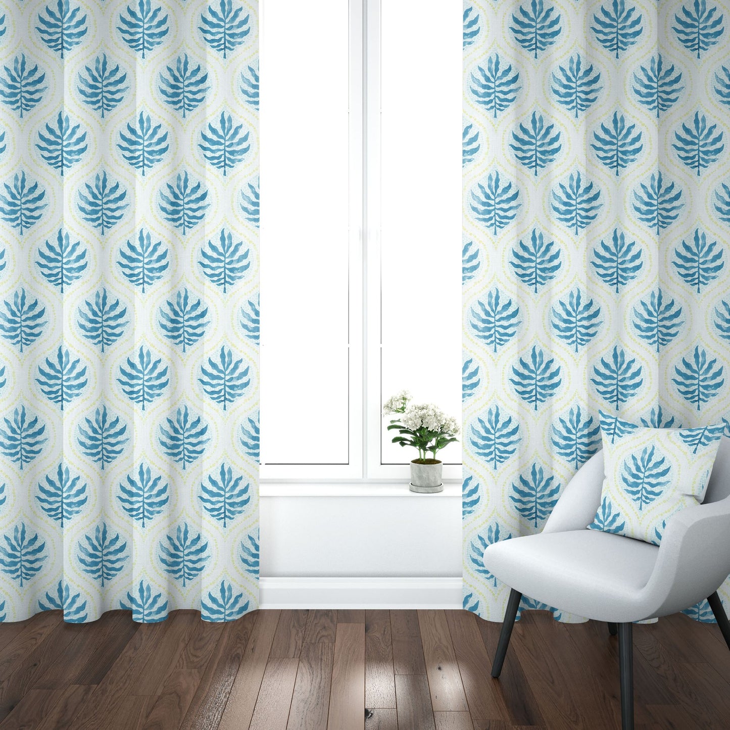 Rod Pocket Curtain Panels Pair in Airlie Bluestone Blue and Lime Green Ogee Floral Watercolor