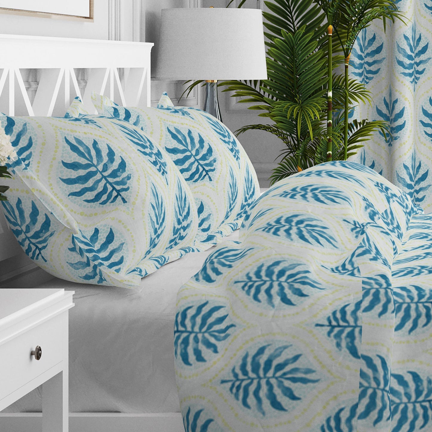 Pillow Sham in Airlie Bluestone Blue and Lime Green Ogee Floral Watercolor