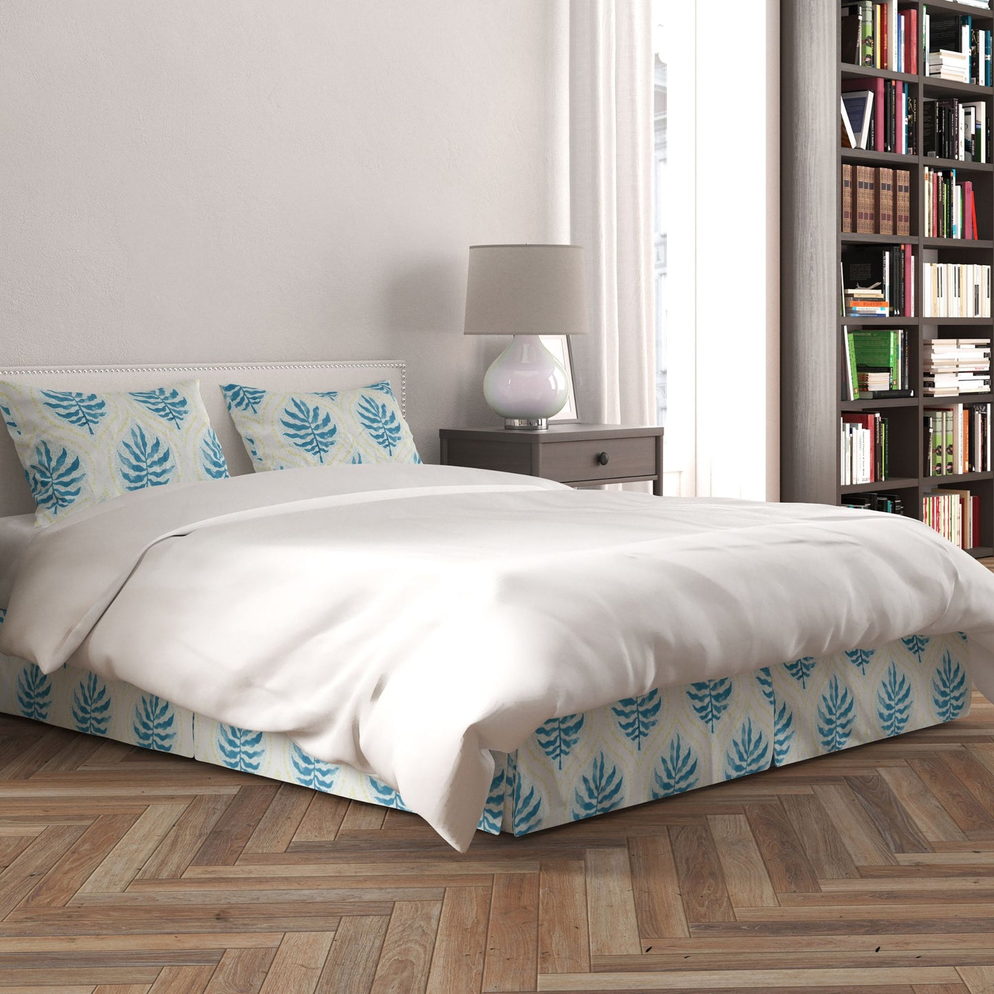 Tailored Bedskirt in Airlie Bluestone Blue and Lime Green Ogee Floral Watercolor