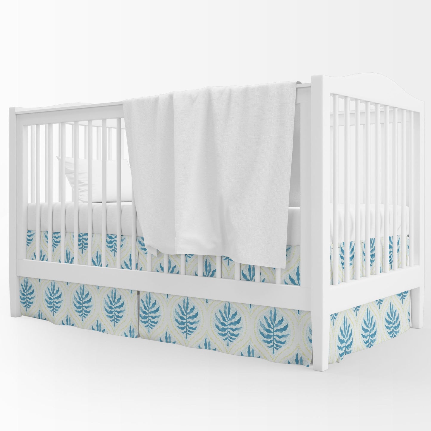 Tailored Crib Skirt in Airlie Bluestone Blue and Lime Green Ogee Floral Watercolor