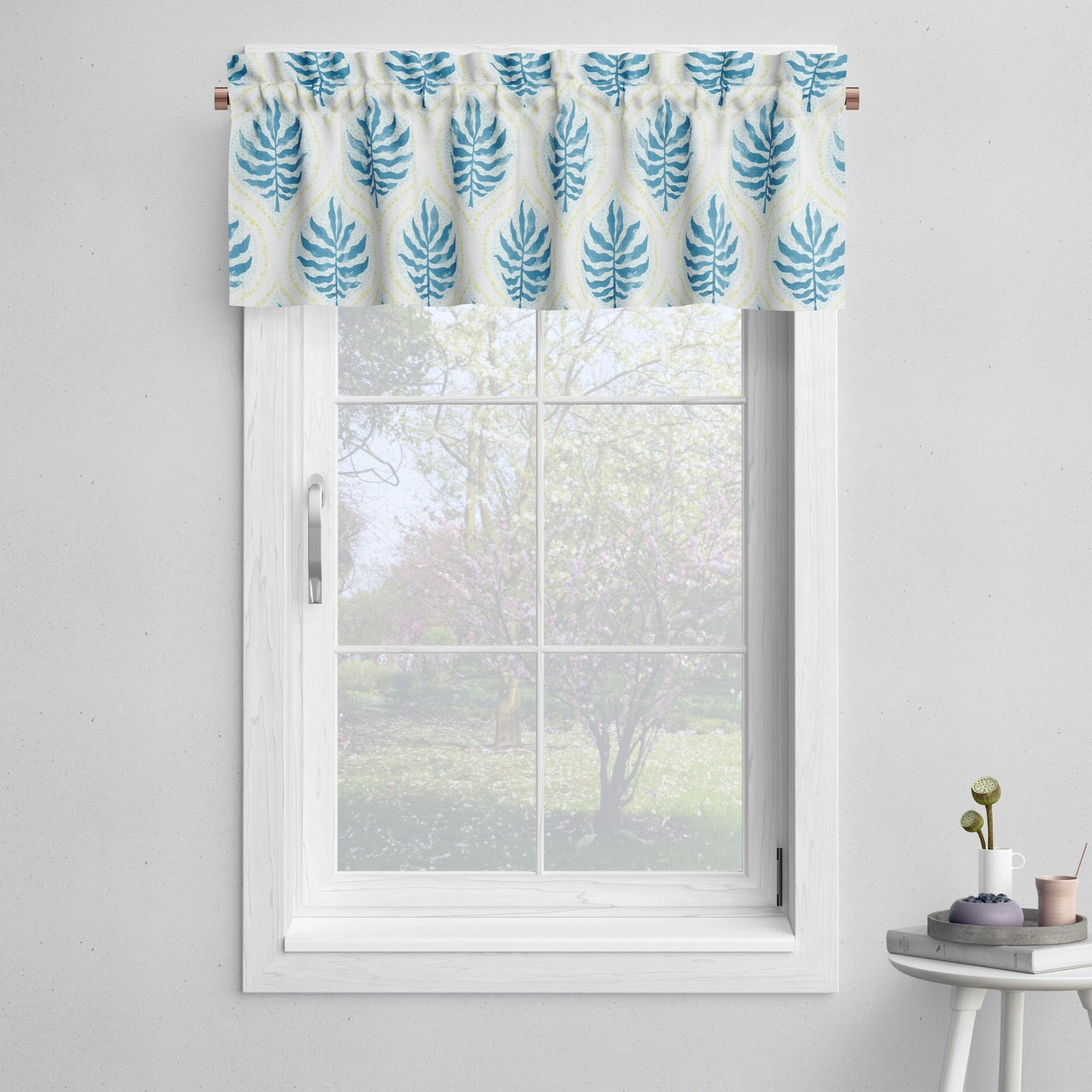 Tailored Valance in Airlie Bluestone Blue and Lime Green Ogee Floral Watercolor