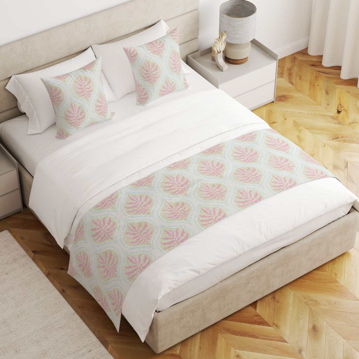 Bed Scarf in Airlie Spring Green Ogee Floral Watercolor