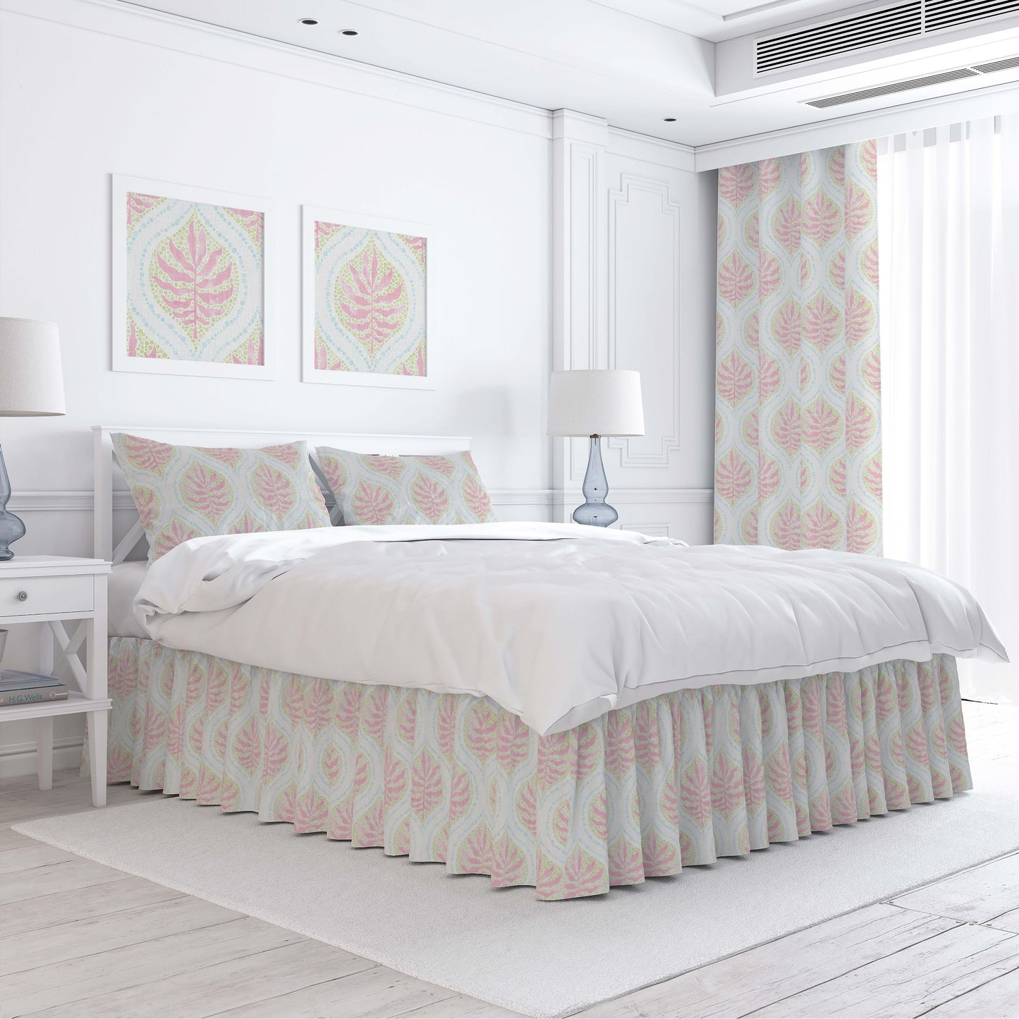 Gathered Bedskirt in Airlie Spring Green Ogee Floral Watercolor
