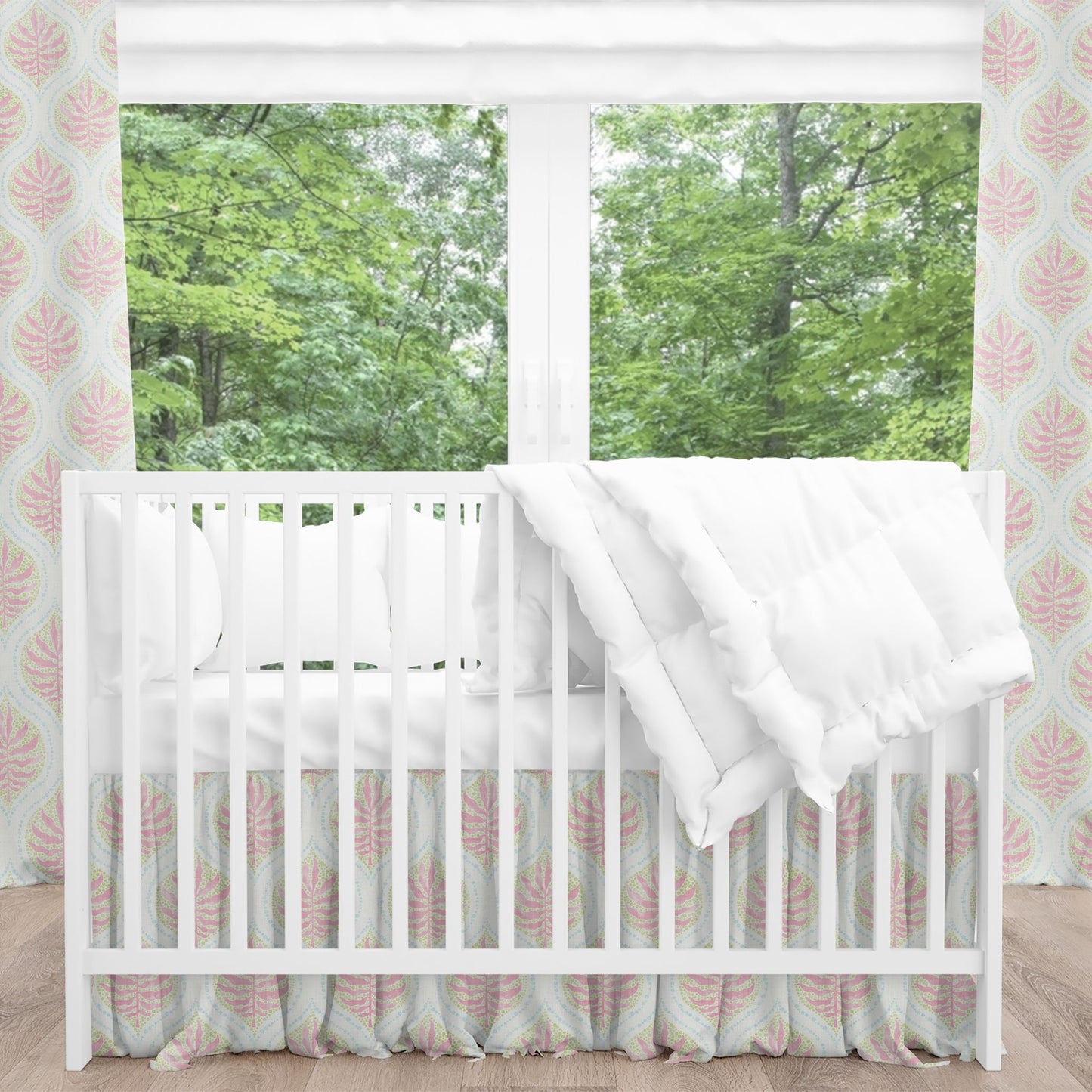 Gathered Crib Skirt in Airlie Spring Green Ogee Floral Watercolor