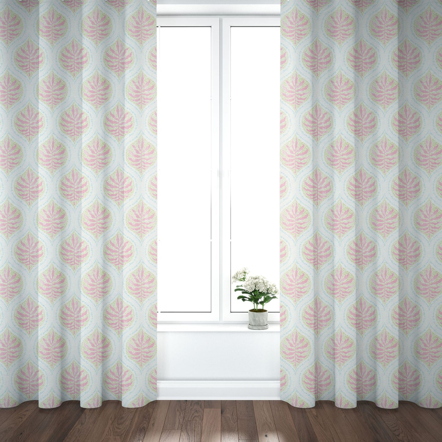 Pinch Pleated Curtain Panels Pair in Airlie Spring Green Ogee Floral Watercolor