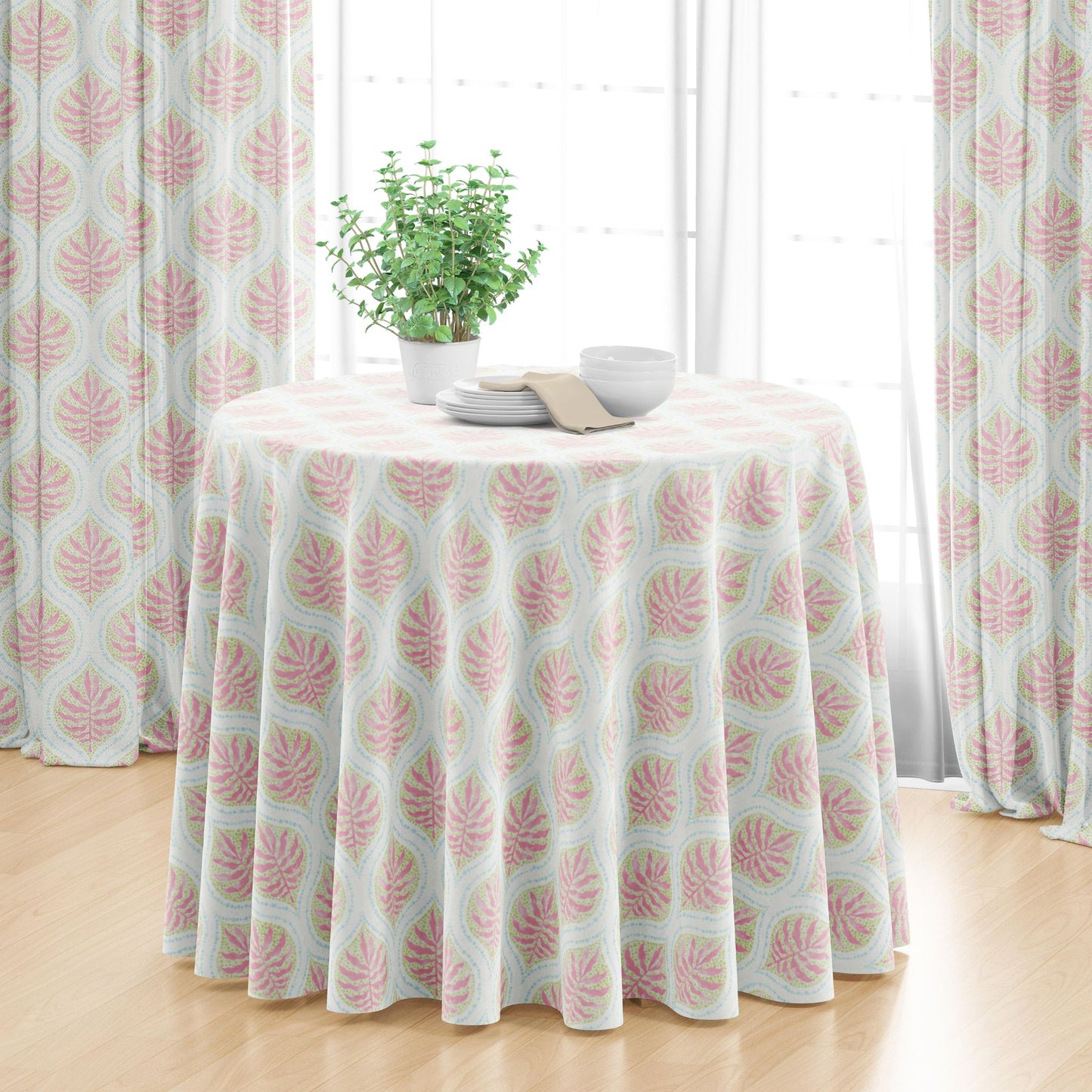 Round Tablecloth in Airlie Spring Green Ogee Floral Watercolor