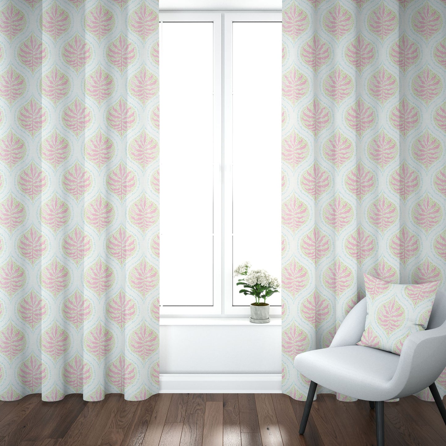 Tab Top Curtain Panels Pair in Airlie Spring Green Ogee Floral Watercolor