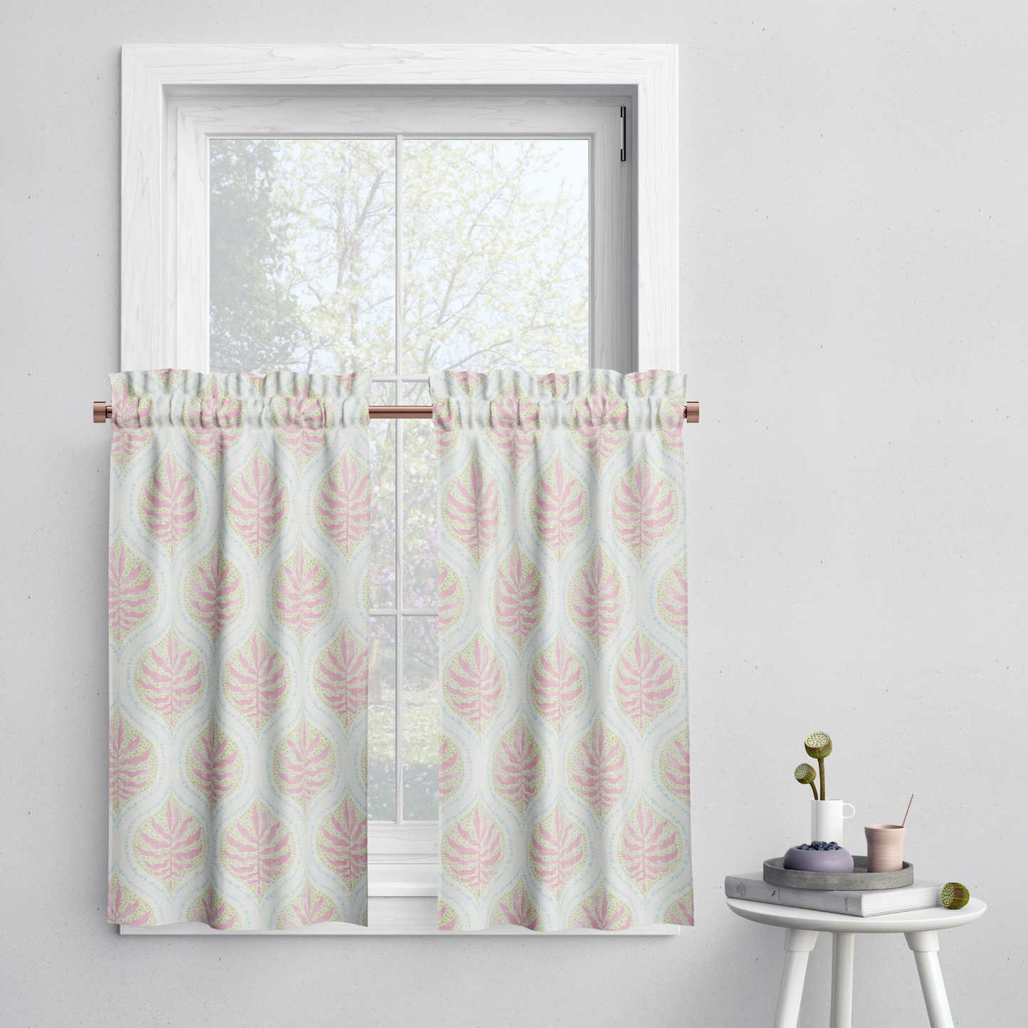 Tailored Tier Cafe Curtain Panels Pair in Airlie Spring Green Ogee Floral Watercolor