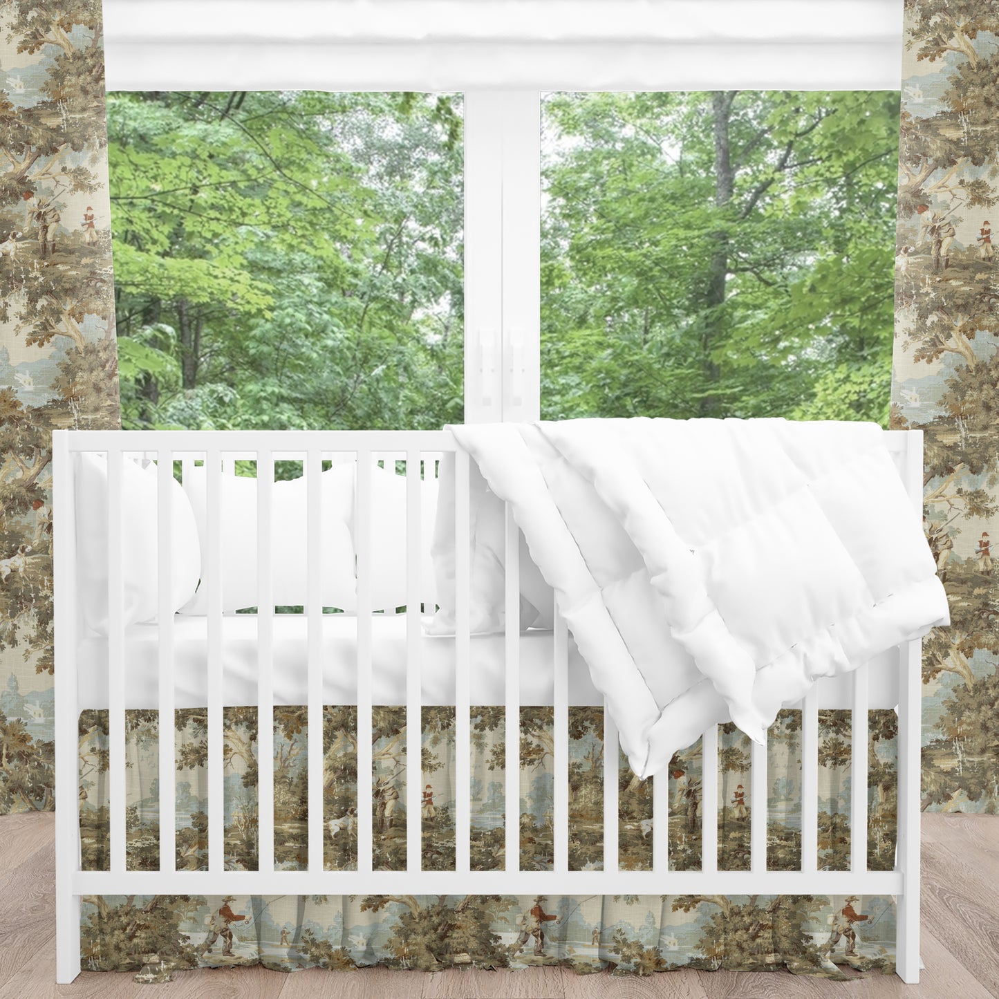 Gathered Crib Skirt in Avondale Vintage Sportsman Toile
