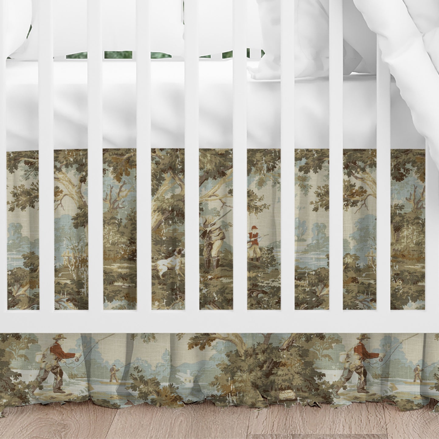 Gathered Crib Skirt in Avondale Vintage Sportsman Toile