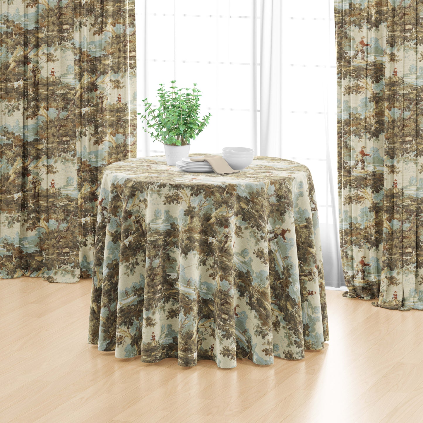 Round Tablecloth in Avondale Vintage Sportsman Toile