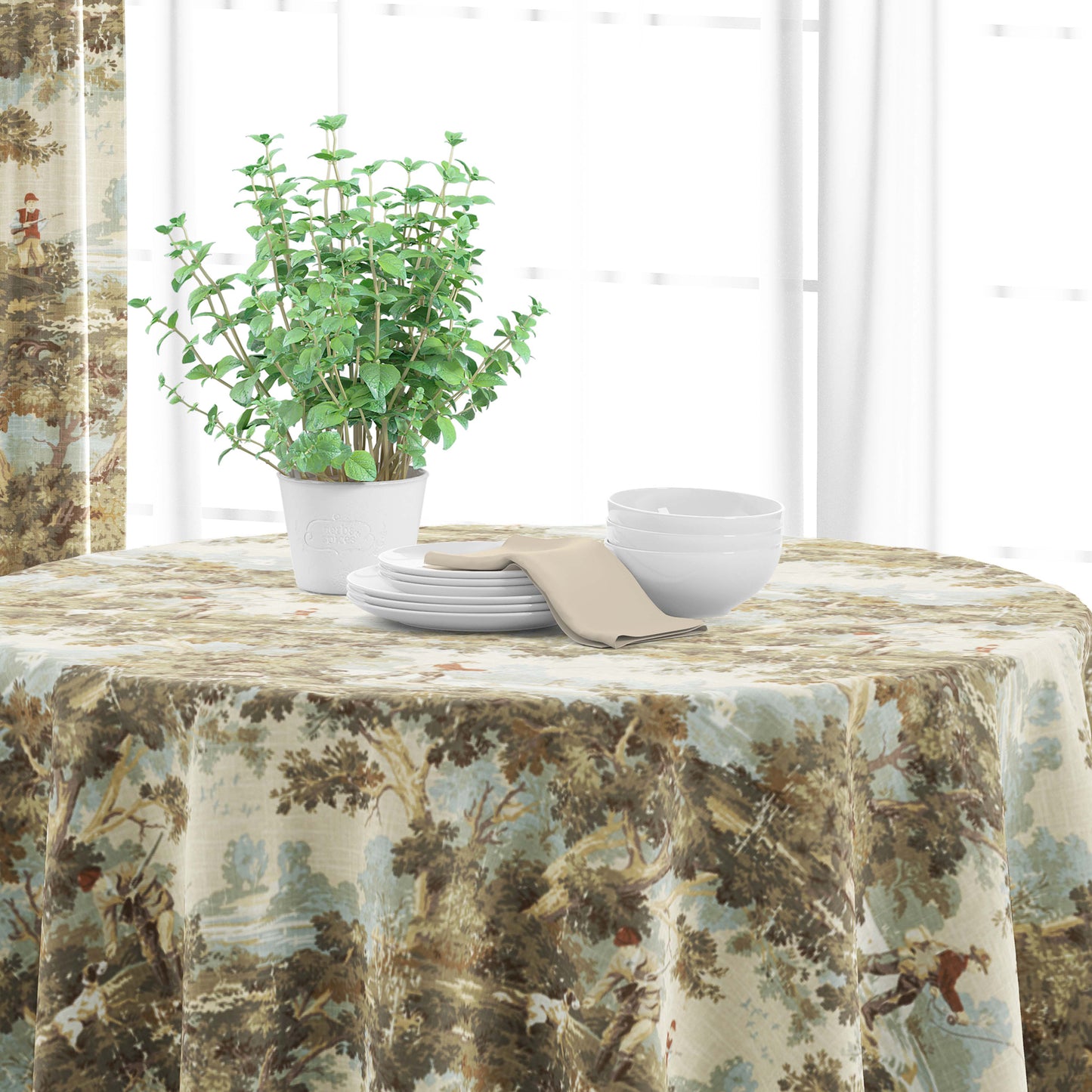 Round Tablecloth in Avondale Vintage Sportsman Toile
