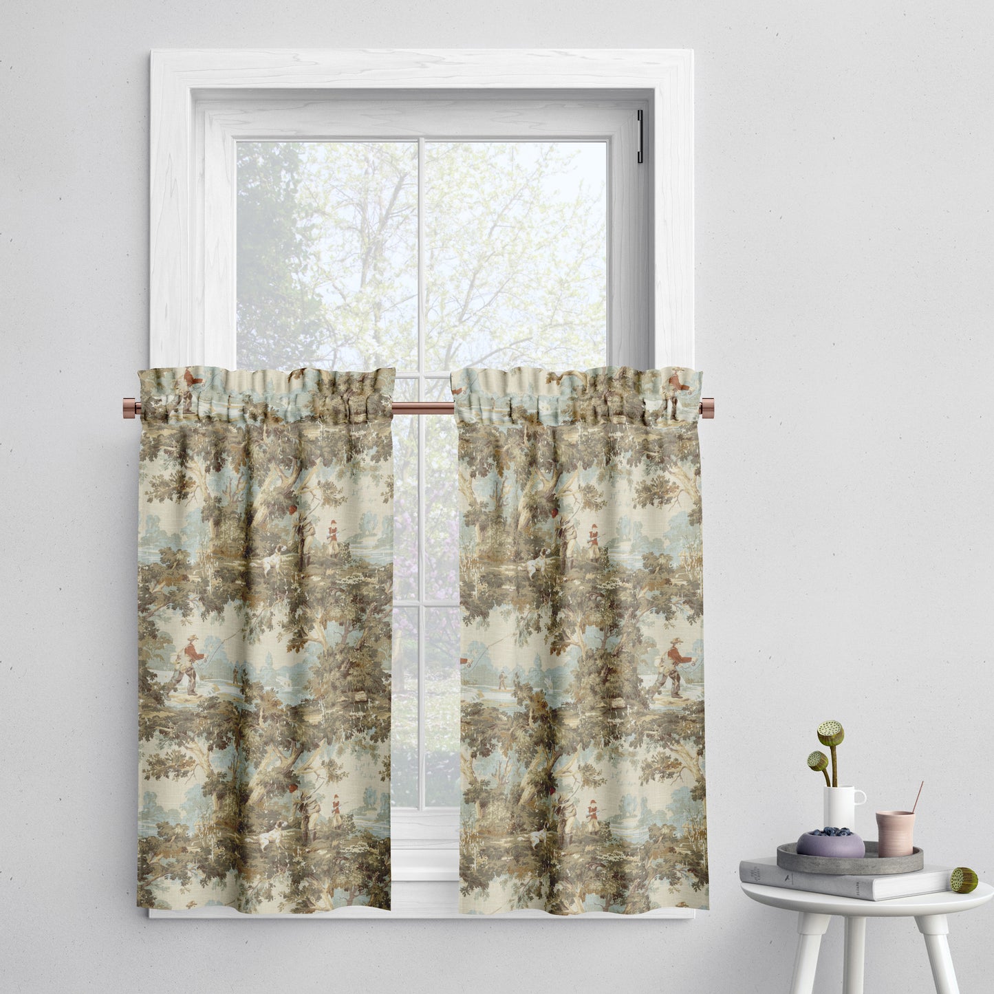 Tailored Tier Curtains in Avondale Vintage Sportsman Toile