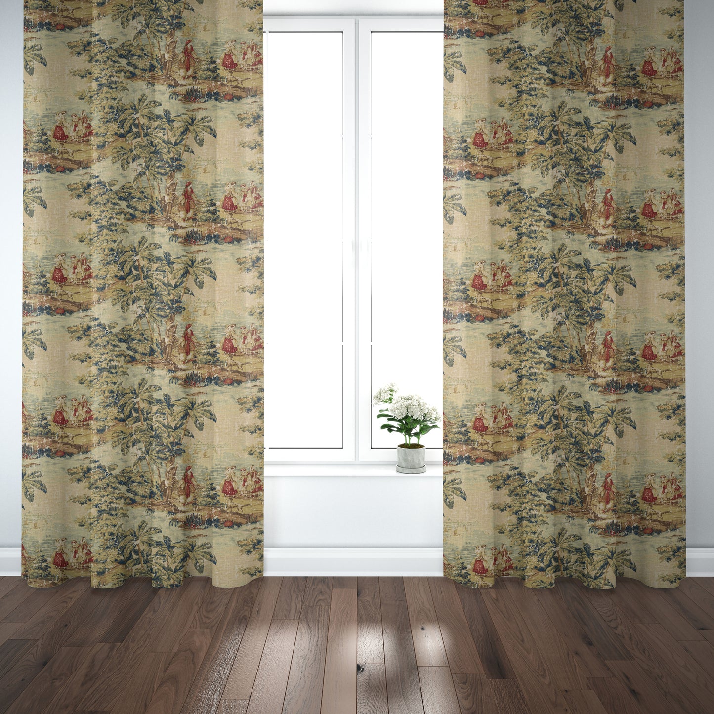 Pinch Pleated Curtain Panels Pair in Bosporus Antique Red Toile