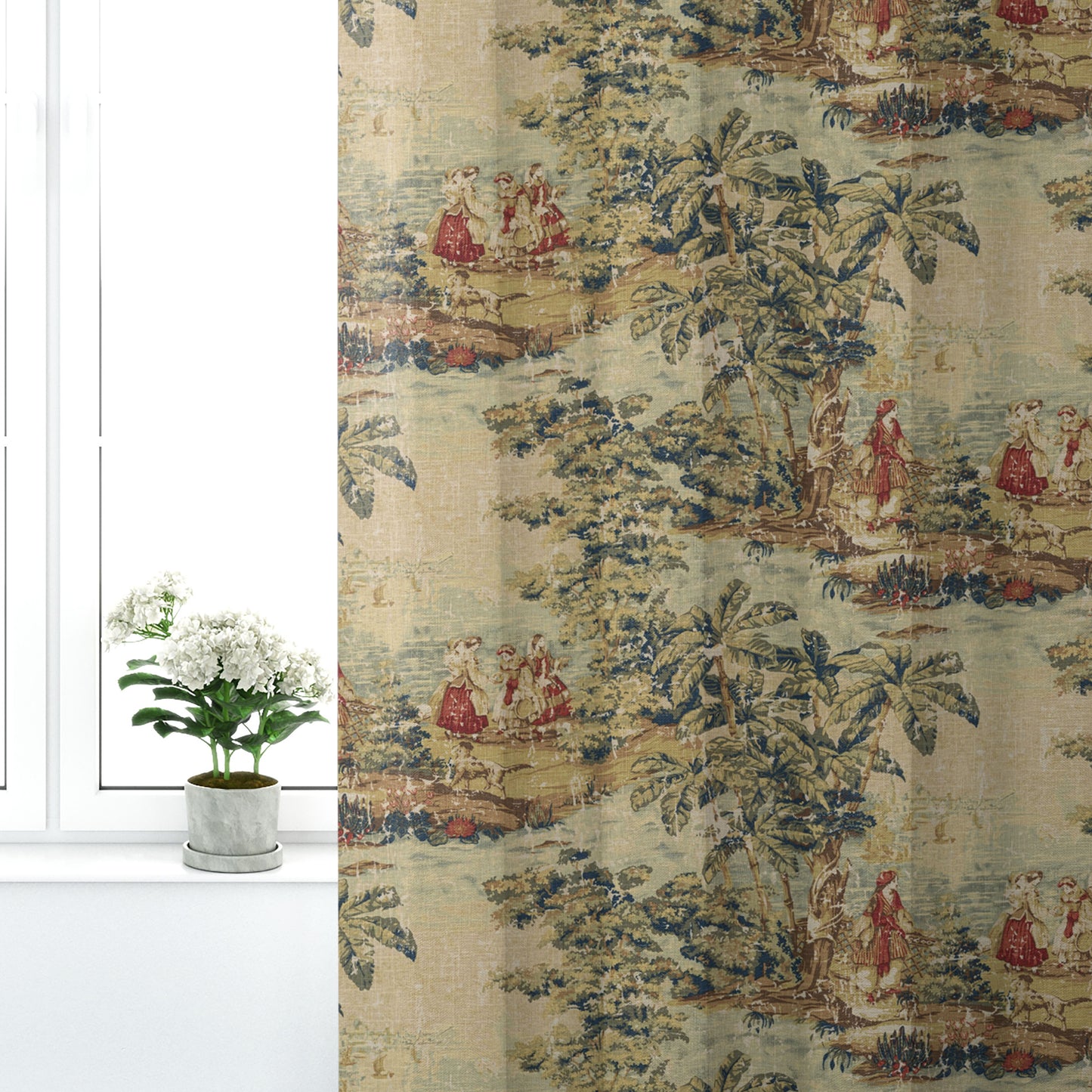 Pinch Pleated Curtain Panels Pair in Bosporus Antique Red Toile