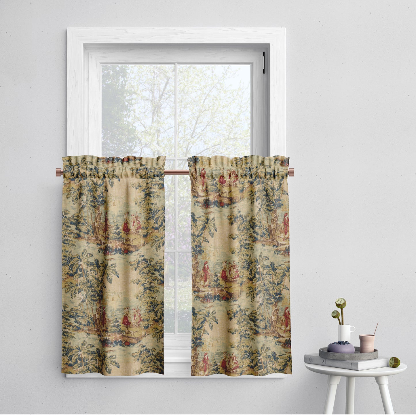 Tailored Tier Curtains in Bosporus Antique Red Toile