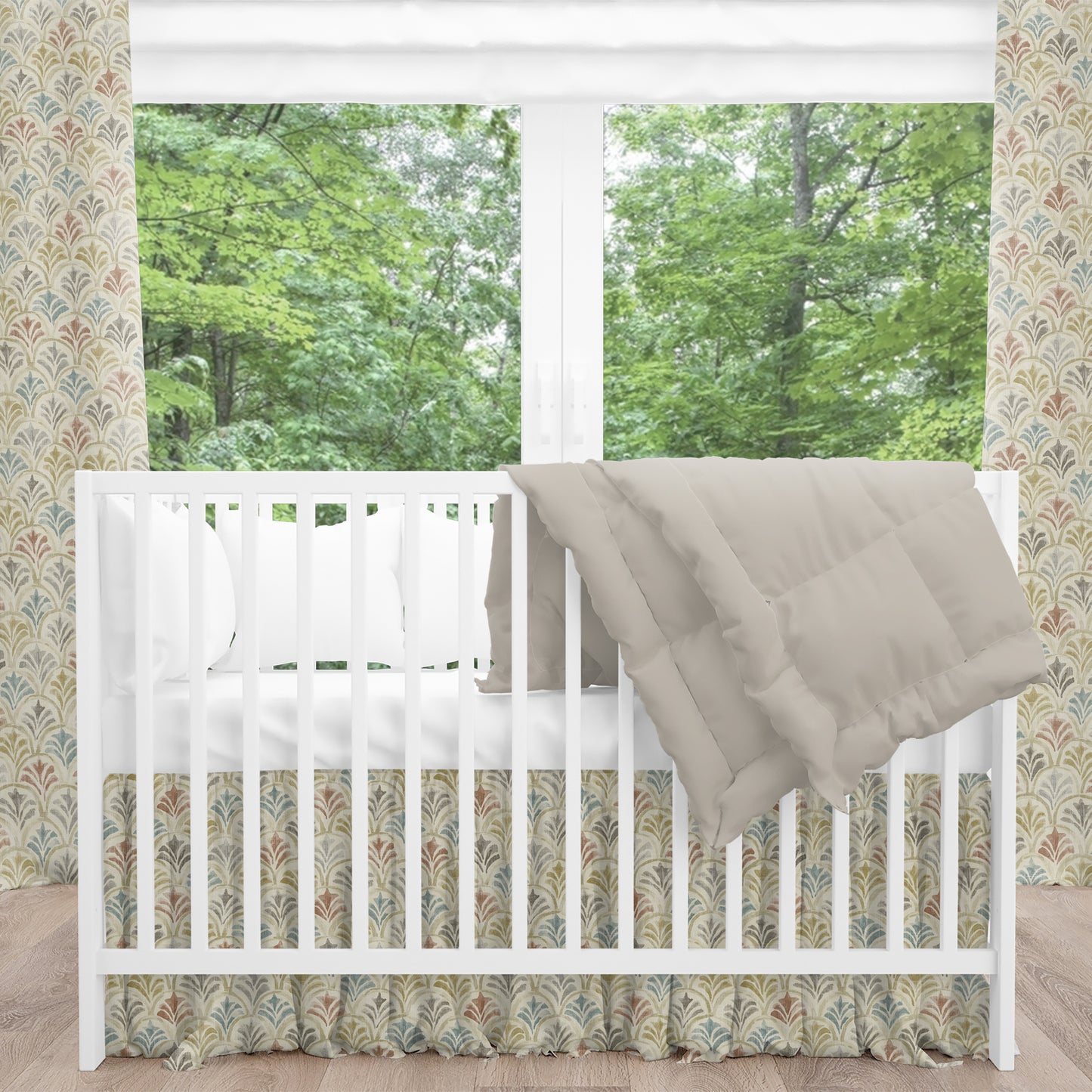 Gathered Crib Skirt in Countess Tuscan Scallop Watercolor- Blue, Terracotta, Gray, Tan