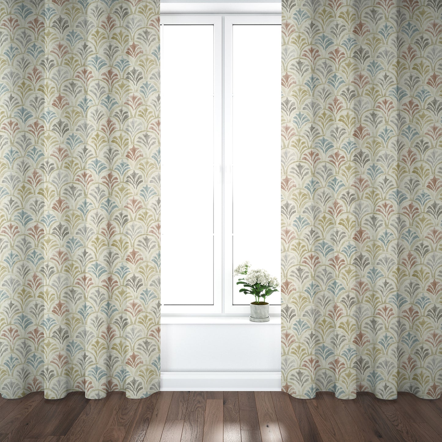Pinch Pleated Curtain Panels Pair in Countess Tuscan Scallop Watercolor- Blue, Terracotta, Gray, Tan