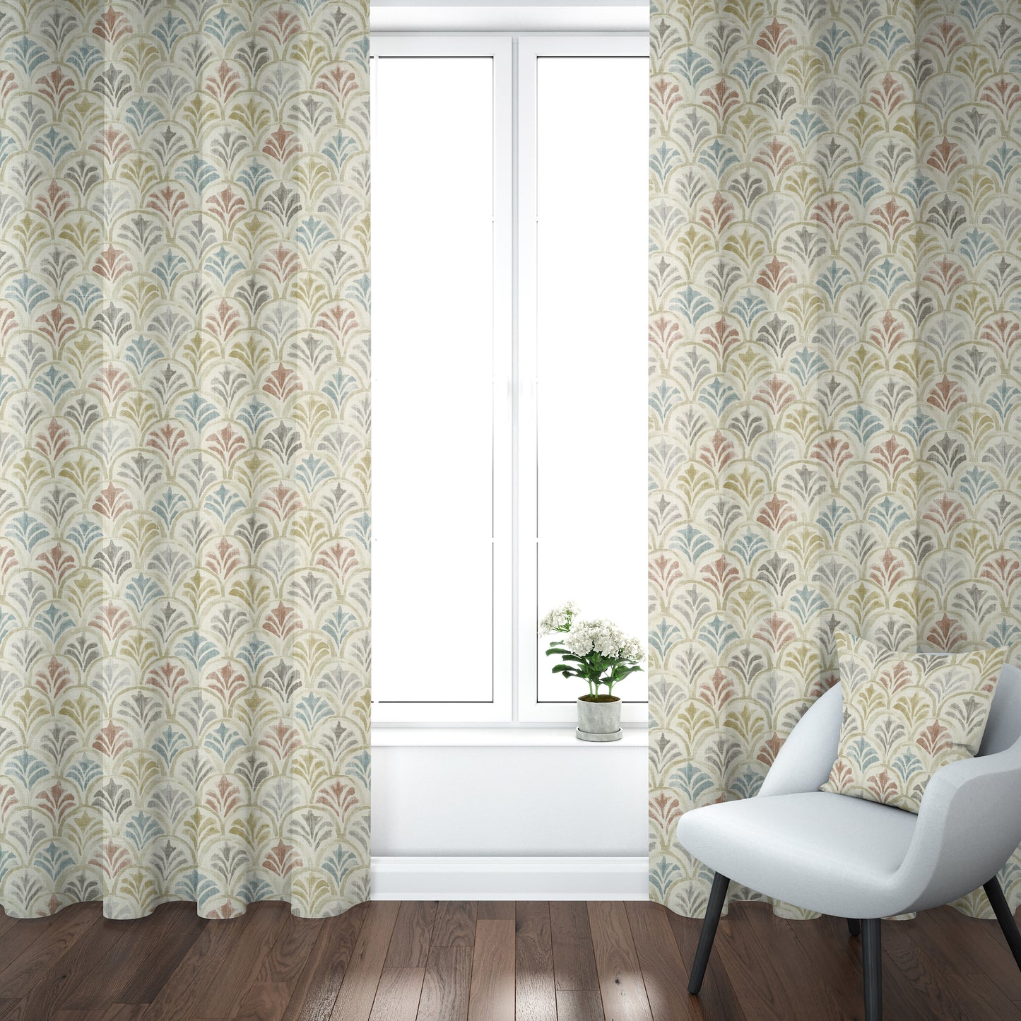 Rod Pocket Curtain Panels Pair in Countess Tuscan Scallop Watercolor- Blue, Terracotta, Gray, Tan
