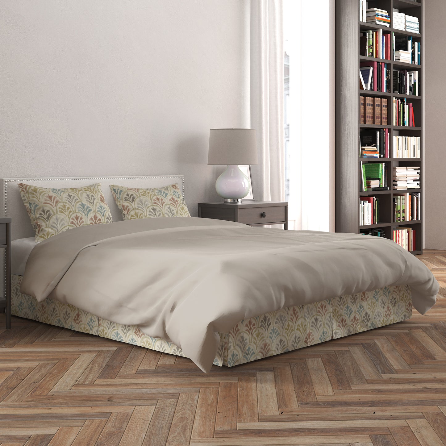 Tailored Bedskirt in Countess Tuscan Scallop Watercolor- Blue, Terracotta, Gray, Tan