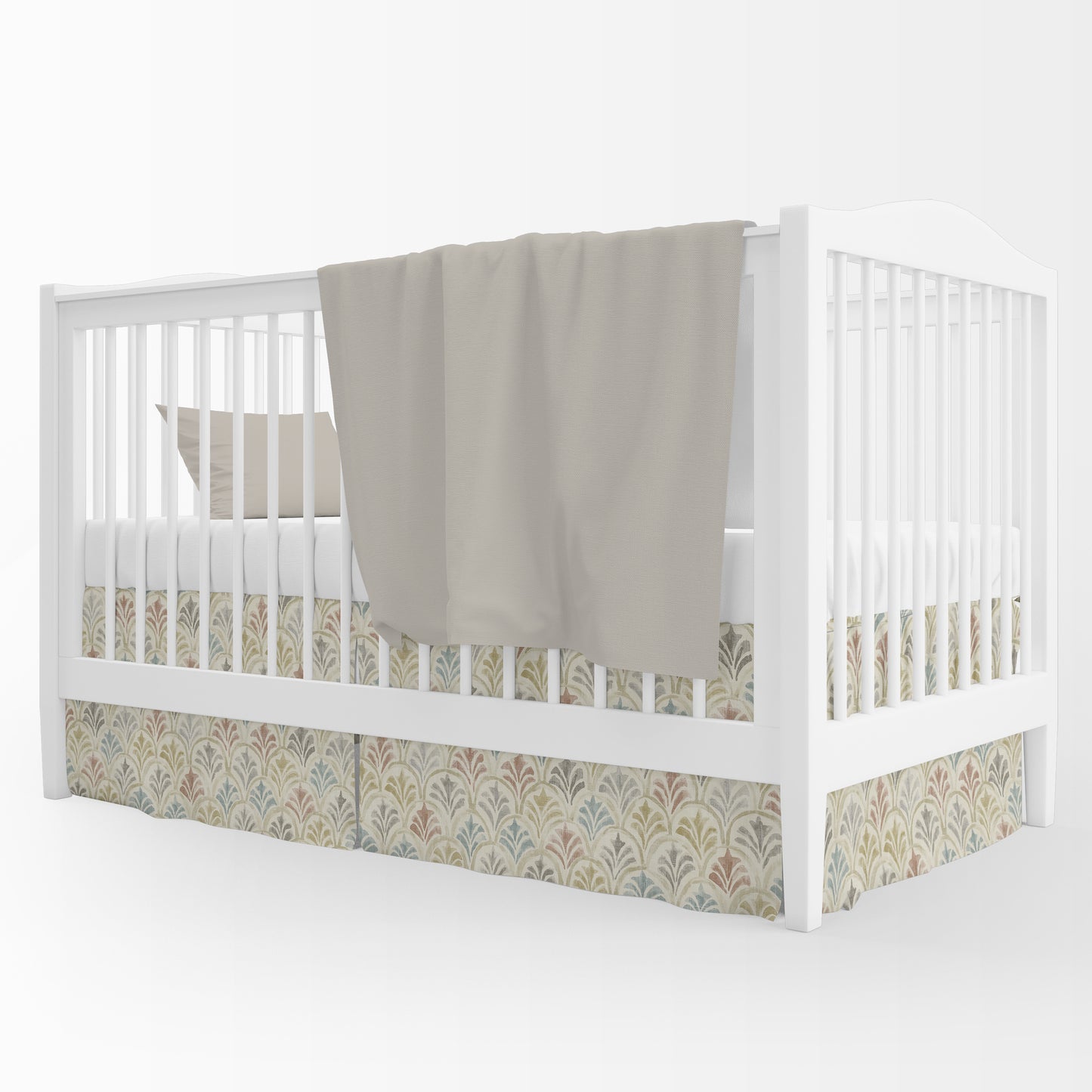 Tailored Crib Skirt in Countess Tuscan Scallop Watercolor- Blue, Terracotta, Gray, Tan