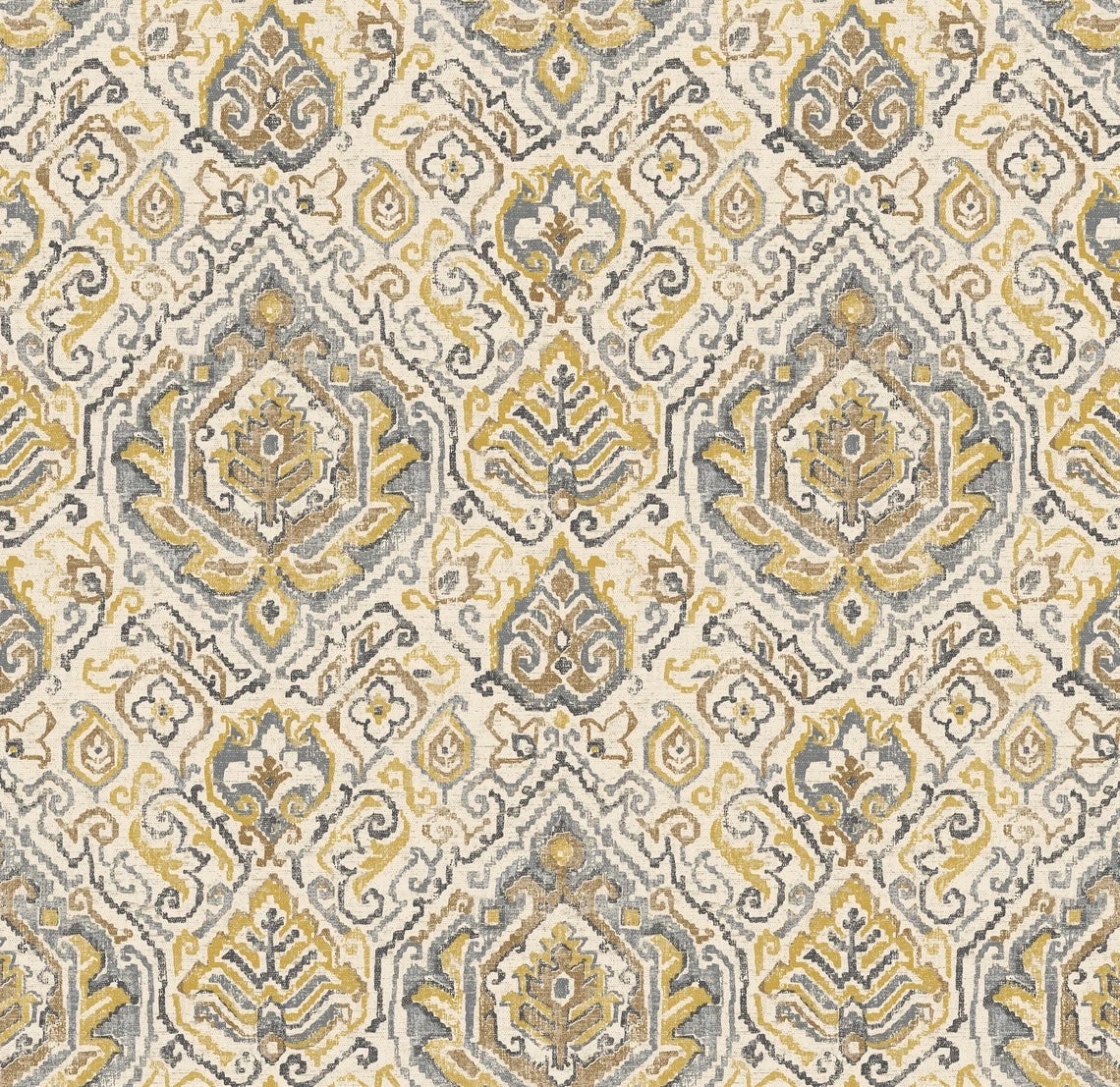 Back Tab Curtain Panels Pair in Cathell Saffron Yellow Medallion Weathered Persian Rug Design- Large Scale