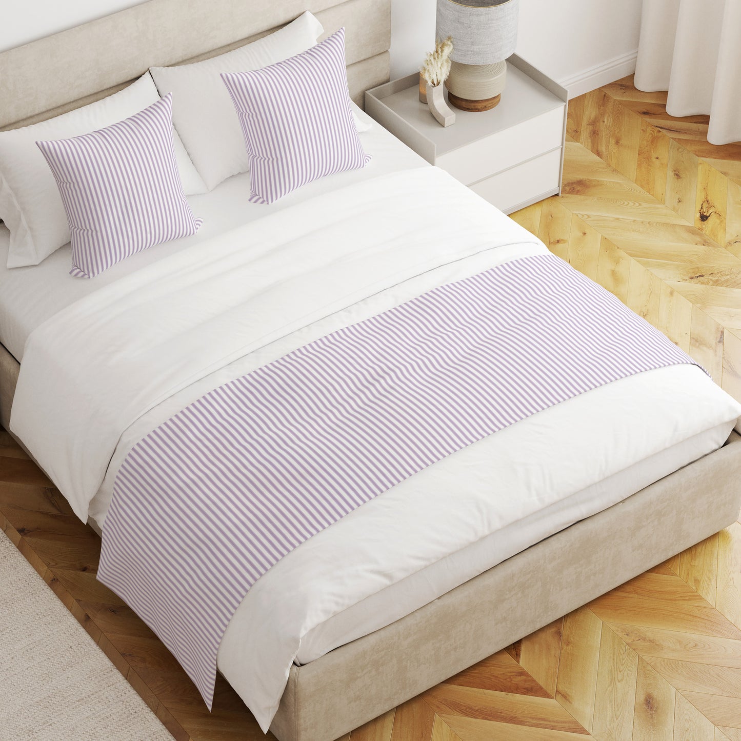 Bed Runner in Classic Orchid Lavender Ticking Stripe on White