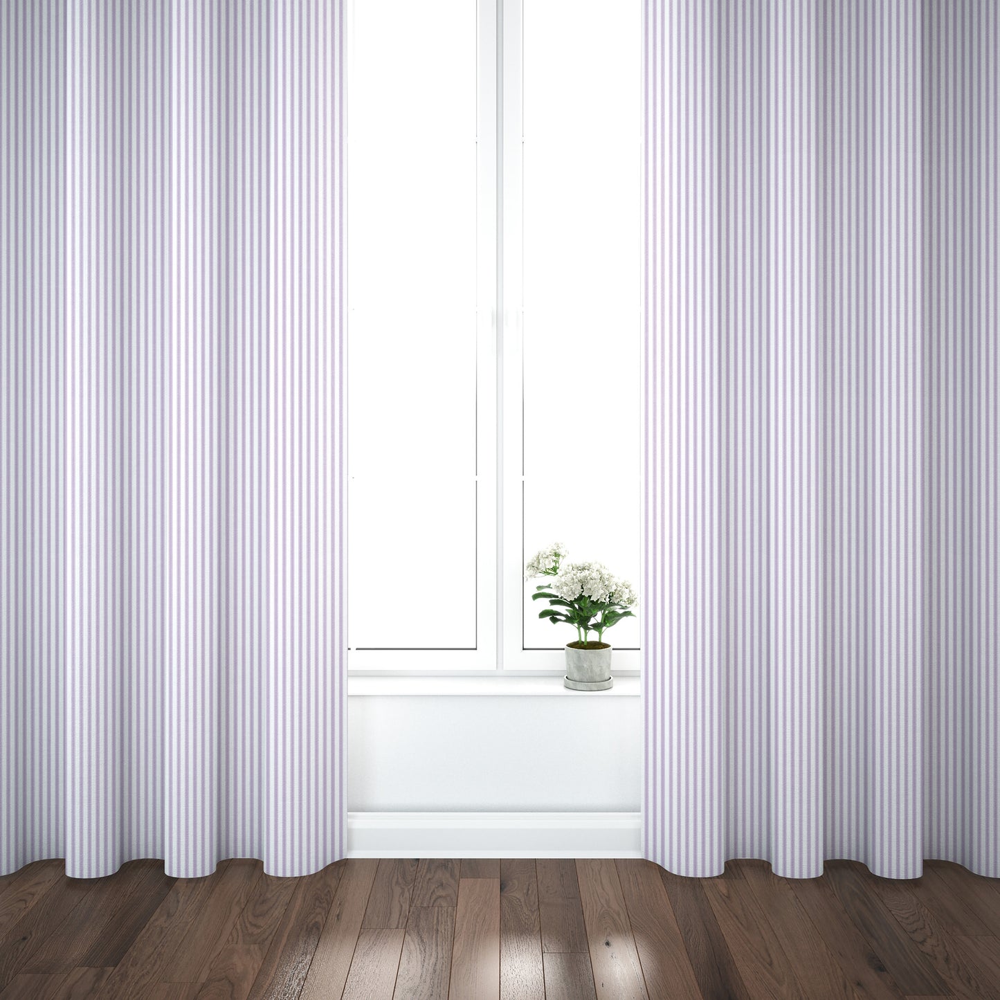 Pinch Pleated Curtain Panels Pair in Classic Orchid Lavender Ticking Stripe on White