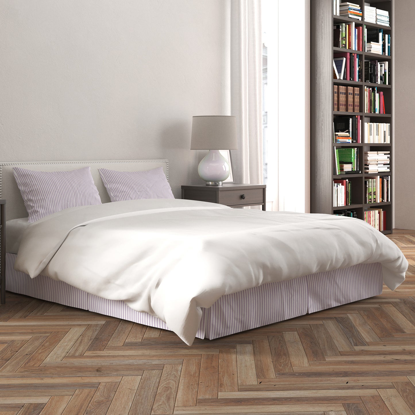 Tailored Bedskirt in Classic Orchid Lavender Ticking Stripe on White