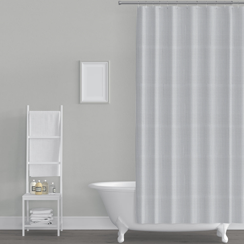 Stall (Narrow) Shower Curtain in Classic Black Ticking Stripe on White