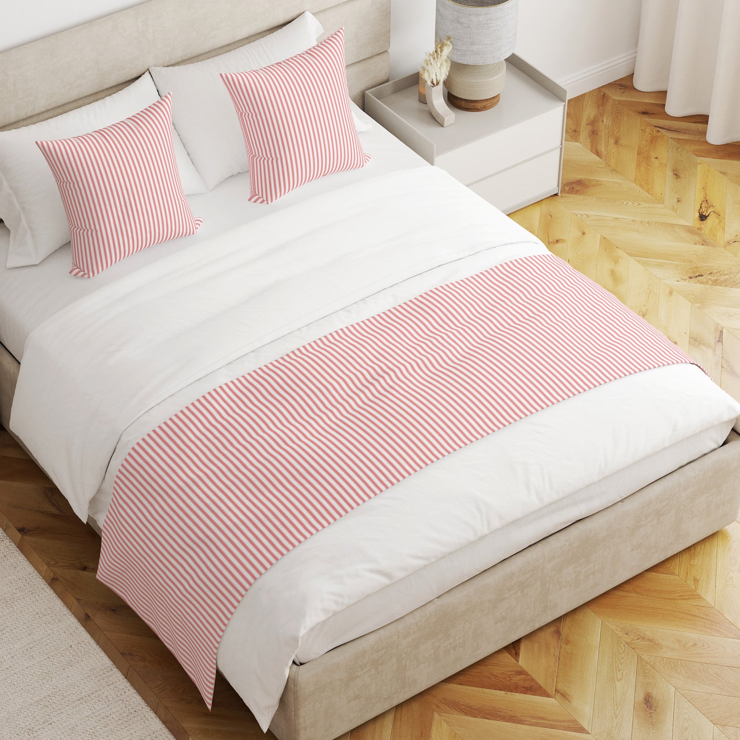 Bed Runner in Classic Lipstick Red Ticking Stripe on White