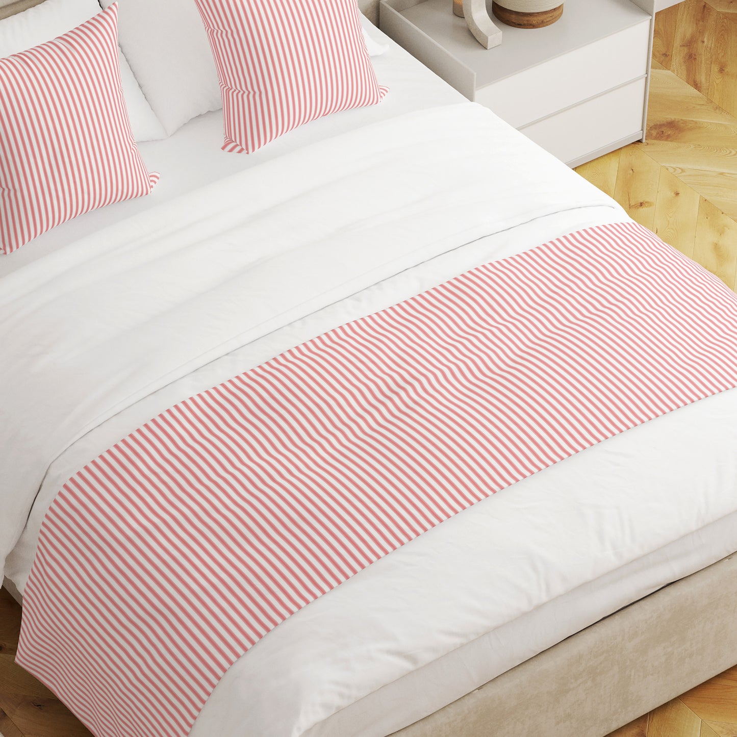 Bed Runner in Classic Lipstick Red Ticking Stripe on White