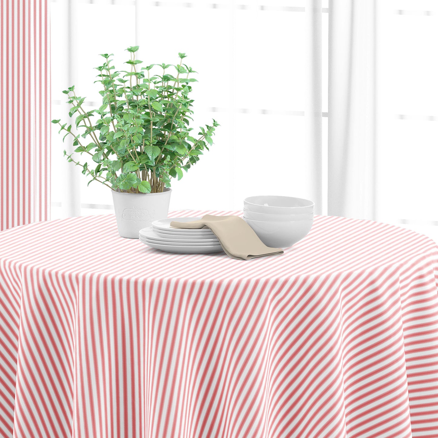 Round Tablecloth in Classic Lipstick Red Ticking Stripe on White