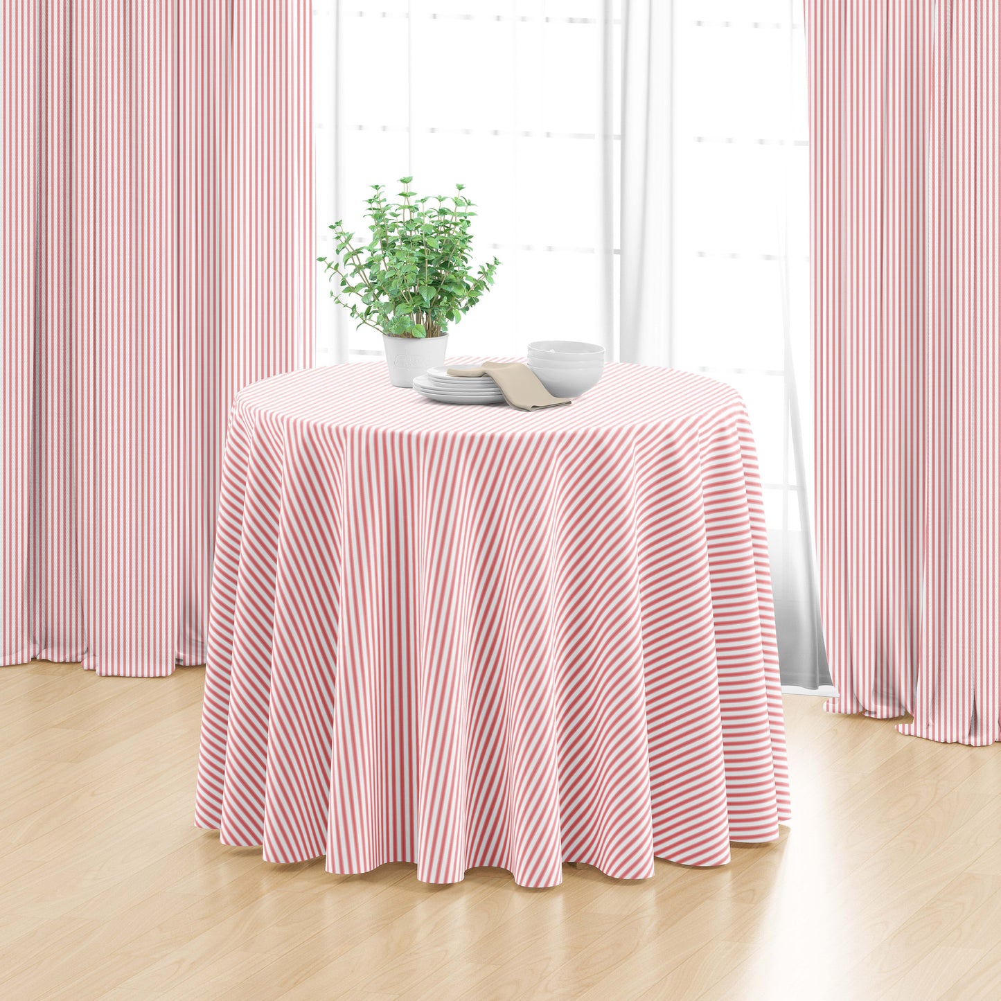 Round Tablecloth in Classic Lipstick Red Ticking Stripe on White