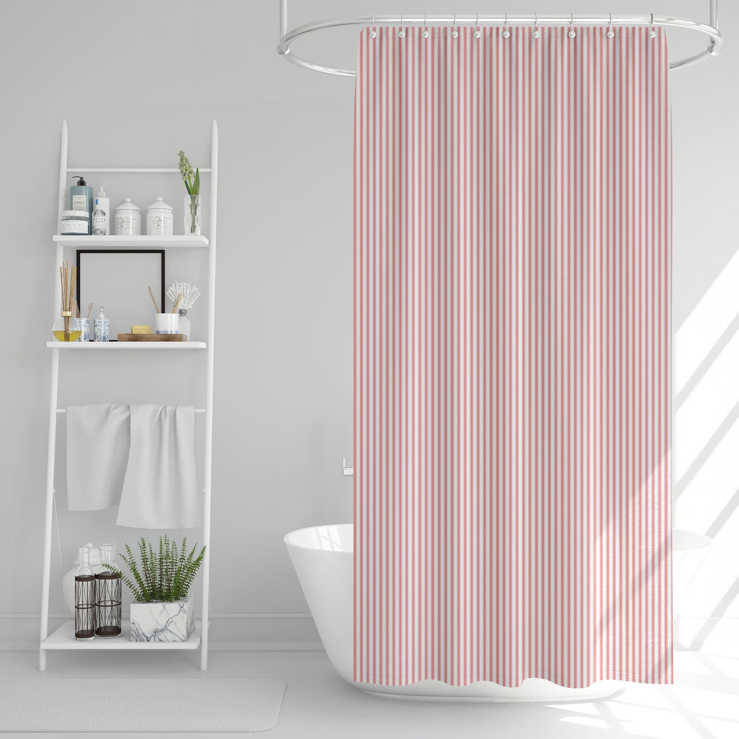 Shower Curtain in Classic Lipstick Red Ticking Stripe on White
