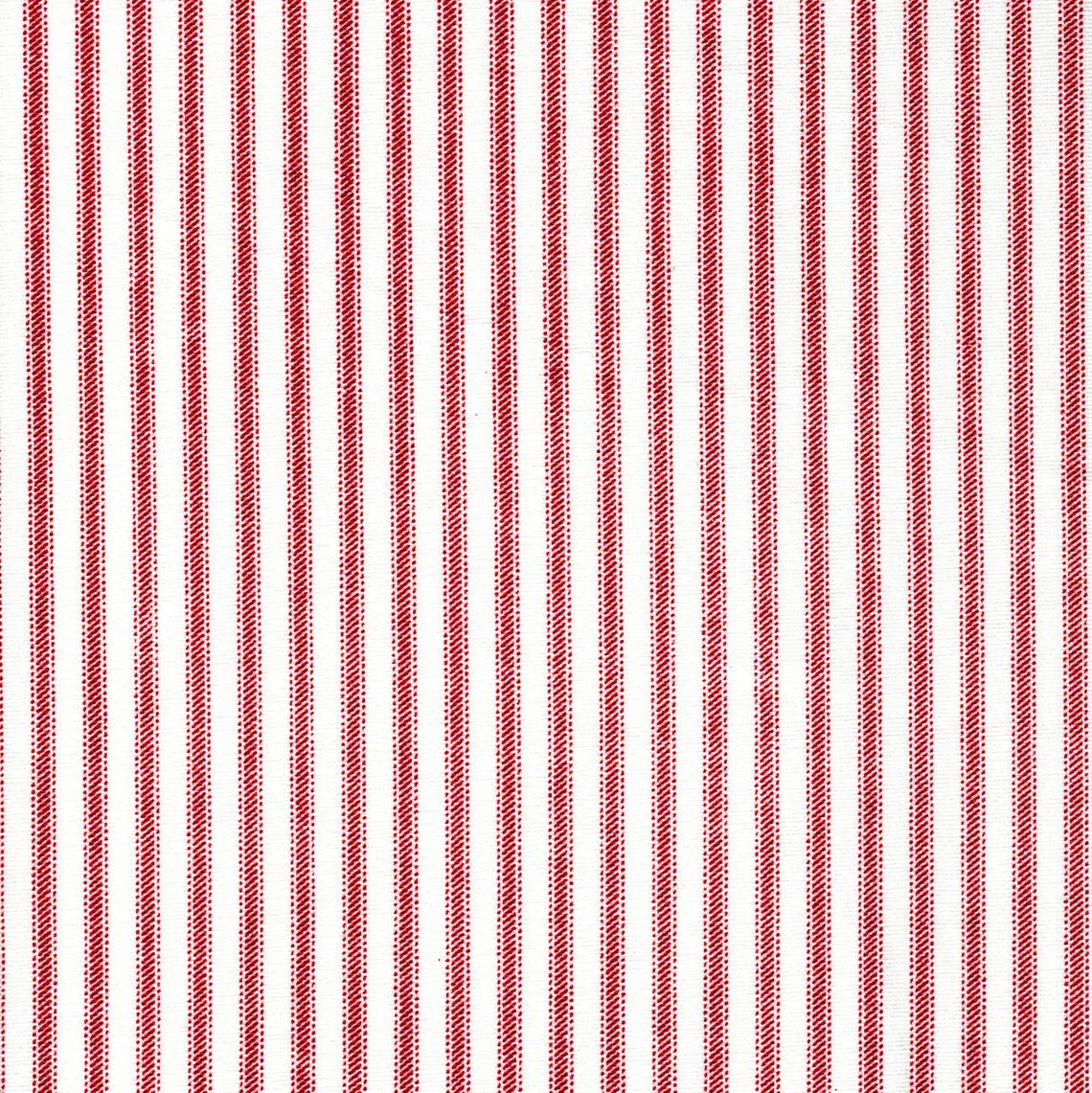 Tie-up valance in Classic Pompeian dark red ticking stripe on white, blending style and practicality for window decor.