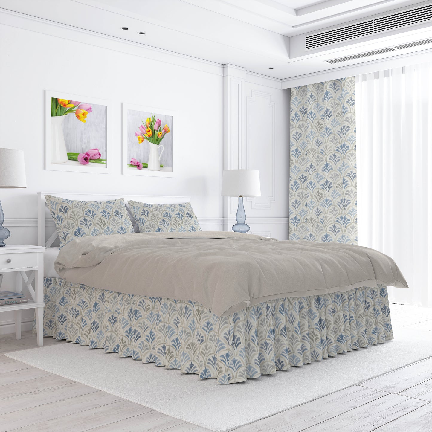 Gathered Bedskirt in Countess Delft Blue Scallop Watercolor
