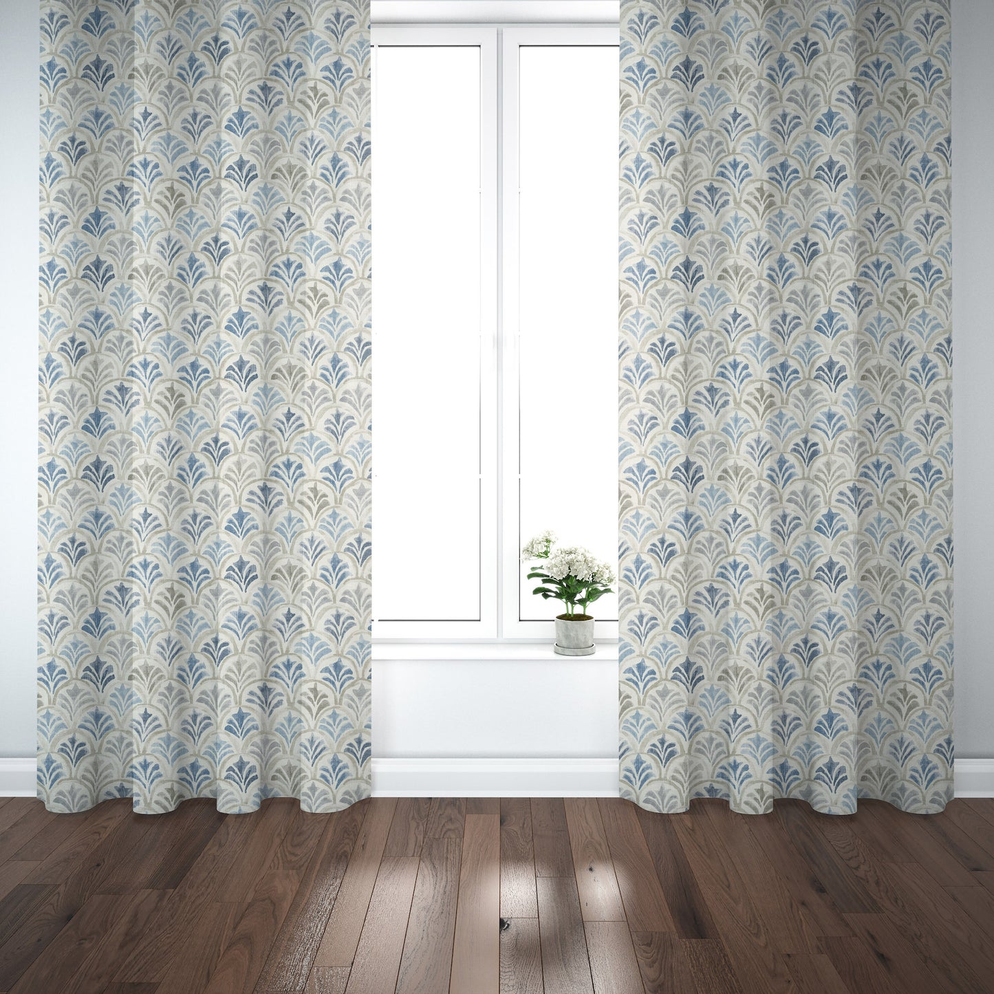 Pinch Pleated Curtain Panels Pair in Countess Delft Blue Scallop Watercolor