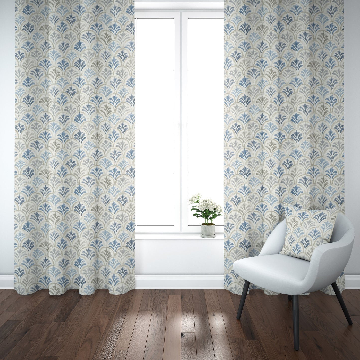 Rod Pocket Curtain Panels Pair in Countess Delft Blue Scallop Watercolor