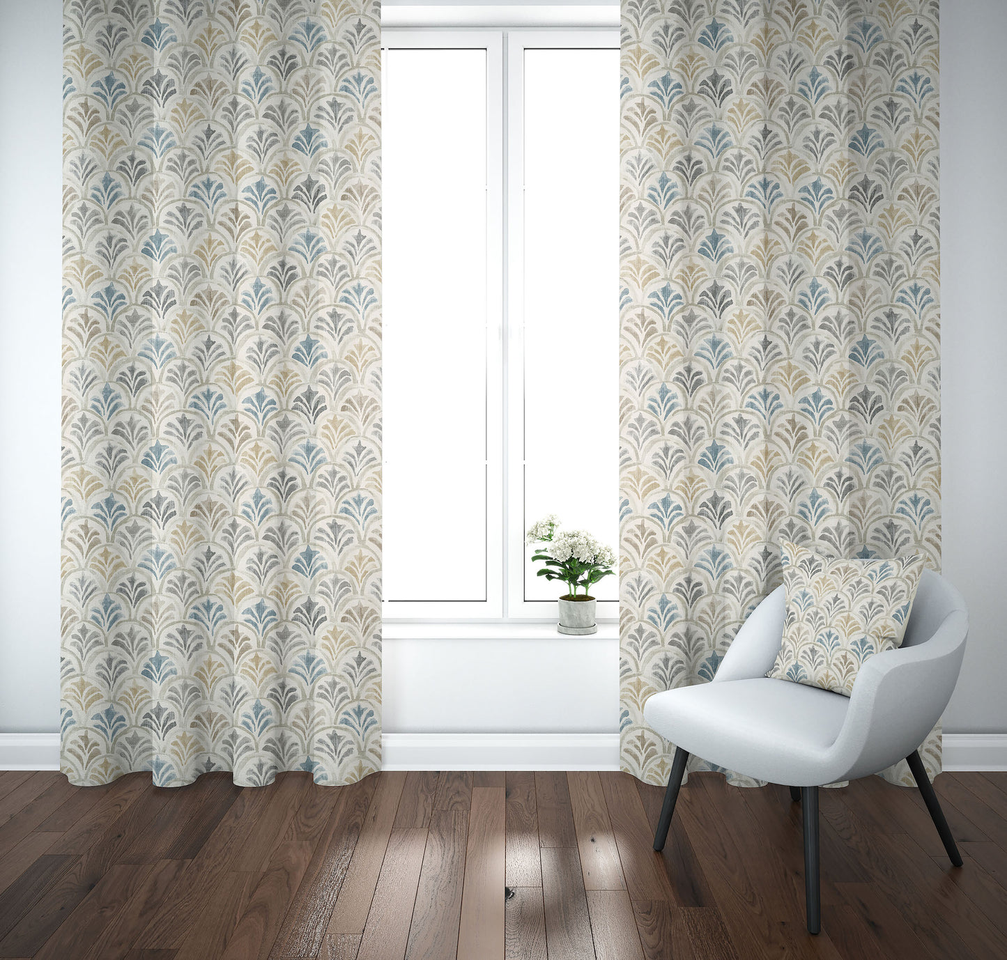 Rod Pocket Curtain Panels Pair in Countess Harbor Blue Scallop Watercolor