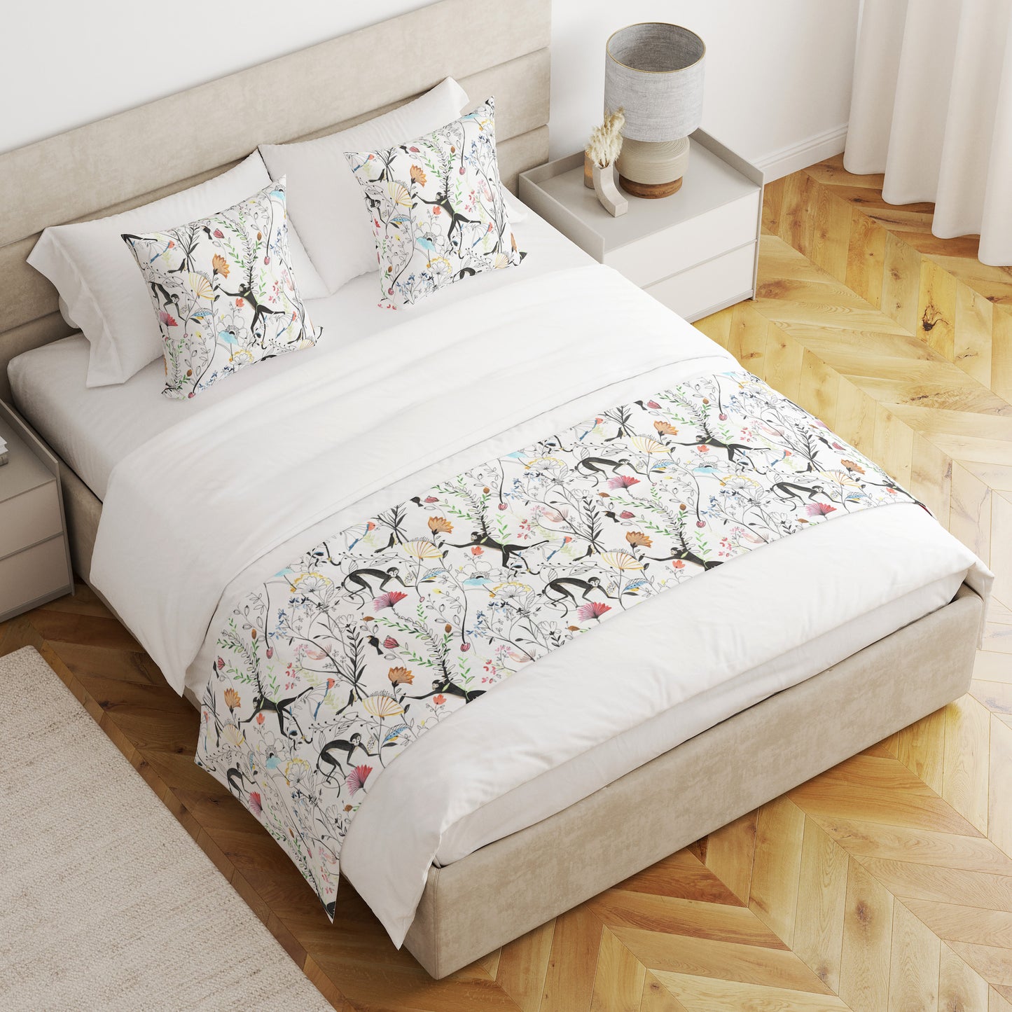 Bed Scarf in Entangled, a Monkey & Bird Watercolor Floral Jungle