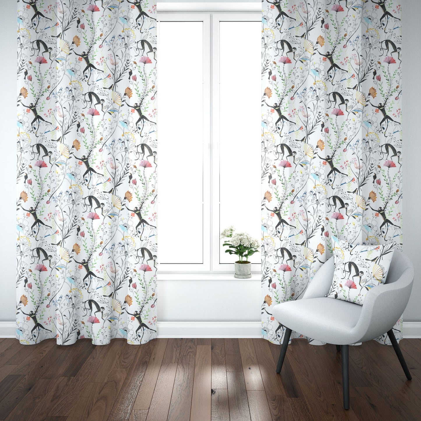 Tab Top Curtain Panels Pair in Entangled, a Monkey & Bird Watercolor Floral Jungle