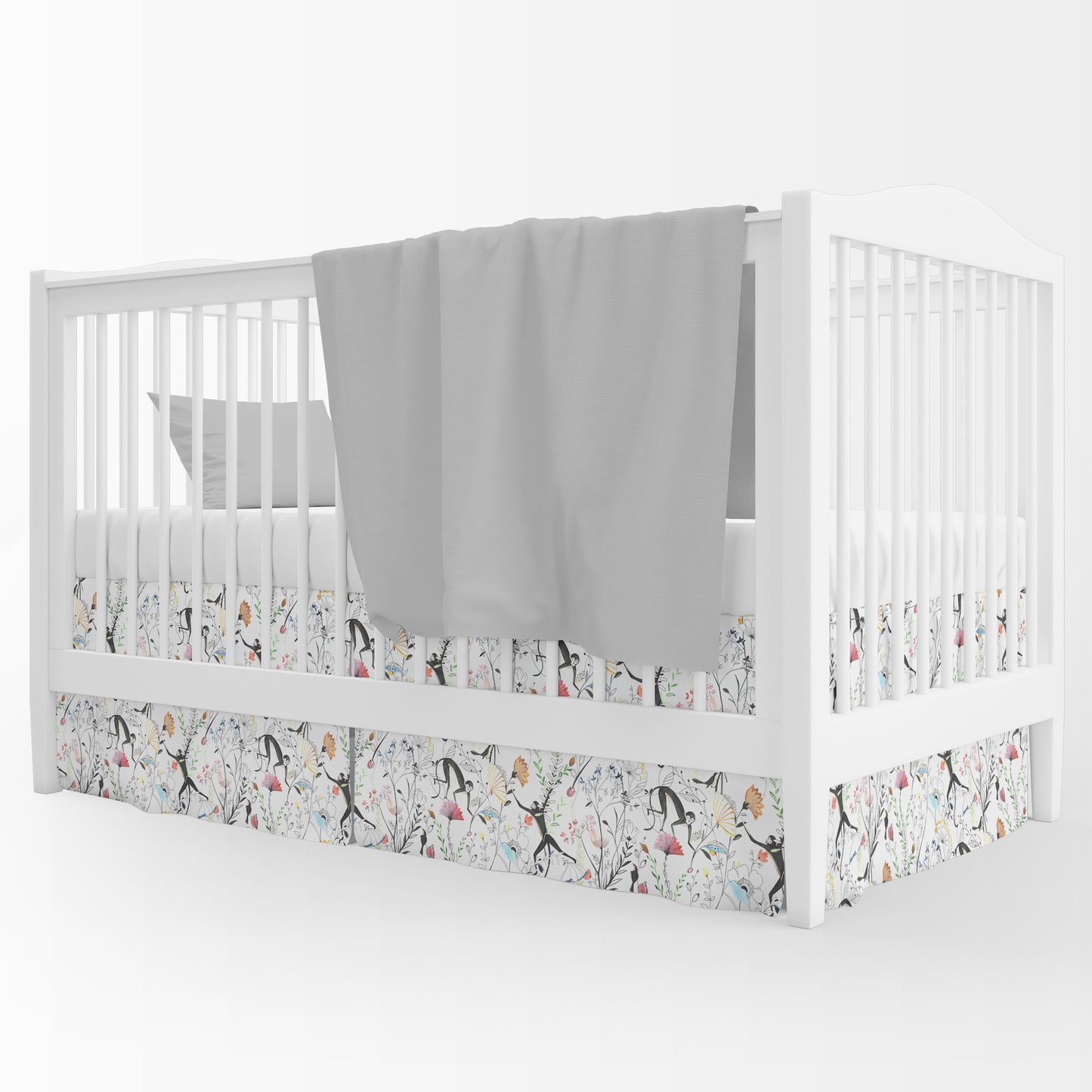 Tailored Crib Skirt in Entangled, a Monkey & Bird Watercolor Floral Jungle