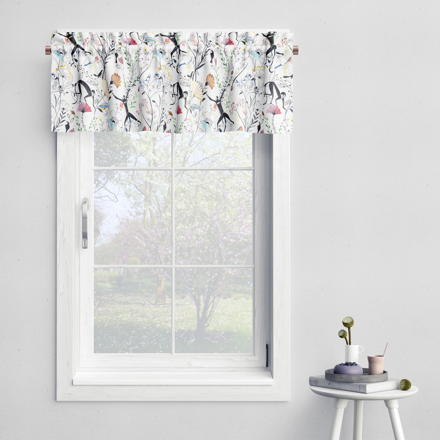Tailored Valance in Entangled, a Monkey & Bird Watercolor Floral Jungle