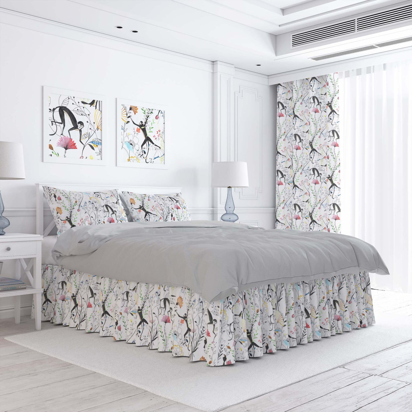 Gathered Bedskirt in Entangled, a Monkey & Bird Watercolor Floral Jungle